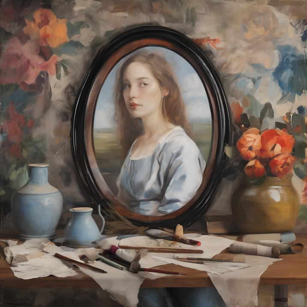 Ανθρώπινη πορτρέτο σε πίνακα ζωγραφικής με εργαλεία και βάζα, σύγχρονη τέχνη και καινοτομία στις εικαστικές τέχνες.