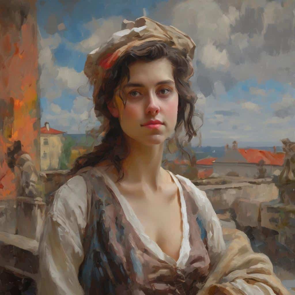 Ουράνιο τοπίο με νεαρή γυναίκα σε ρεαλιστικό και καλλιτεχνικό ύφος, ιδανικό για την τέχνη και καινοτομία στη σύγχρονη τέχνη.