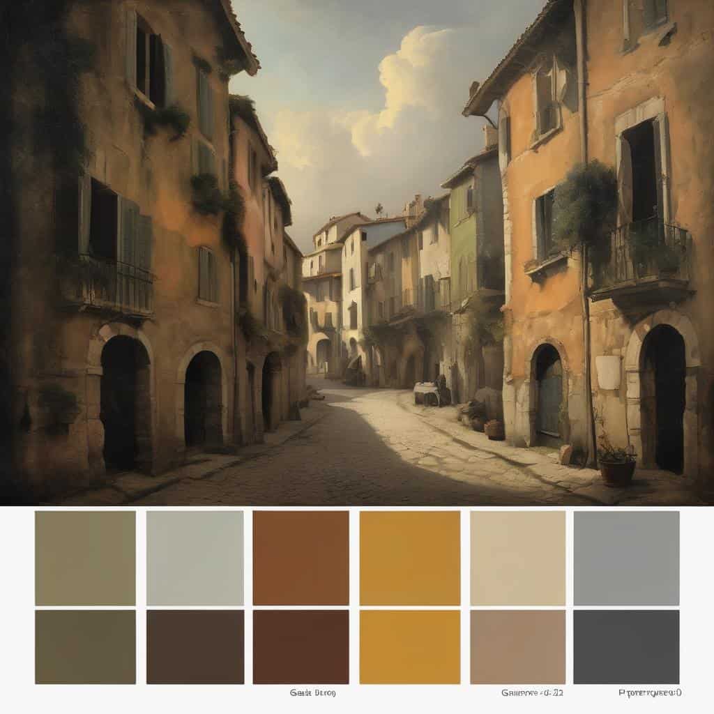 Ρετροσπάνια εικόνα παλαιάς ευρωπαϊκής πόλης με καφέ και γήινες αποχρώσεις.
