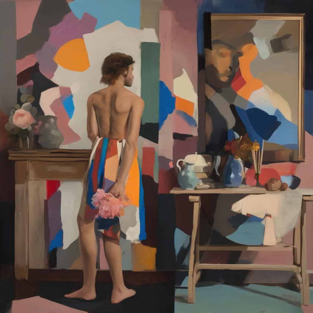 Ανδρας μπροστά σε αφηρημένο έργο τέχνης, ζωγραφική και σύγχρονη τέχνη.