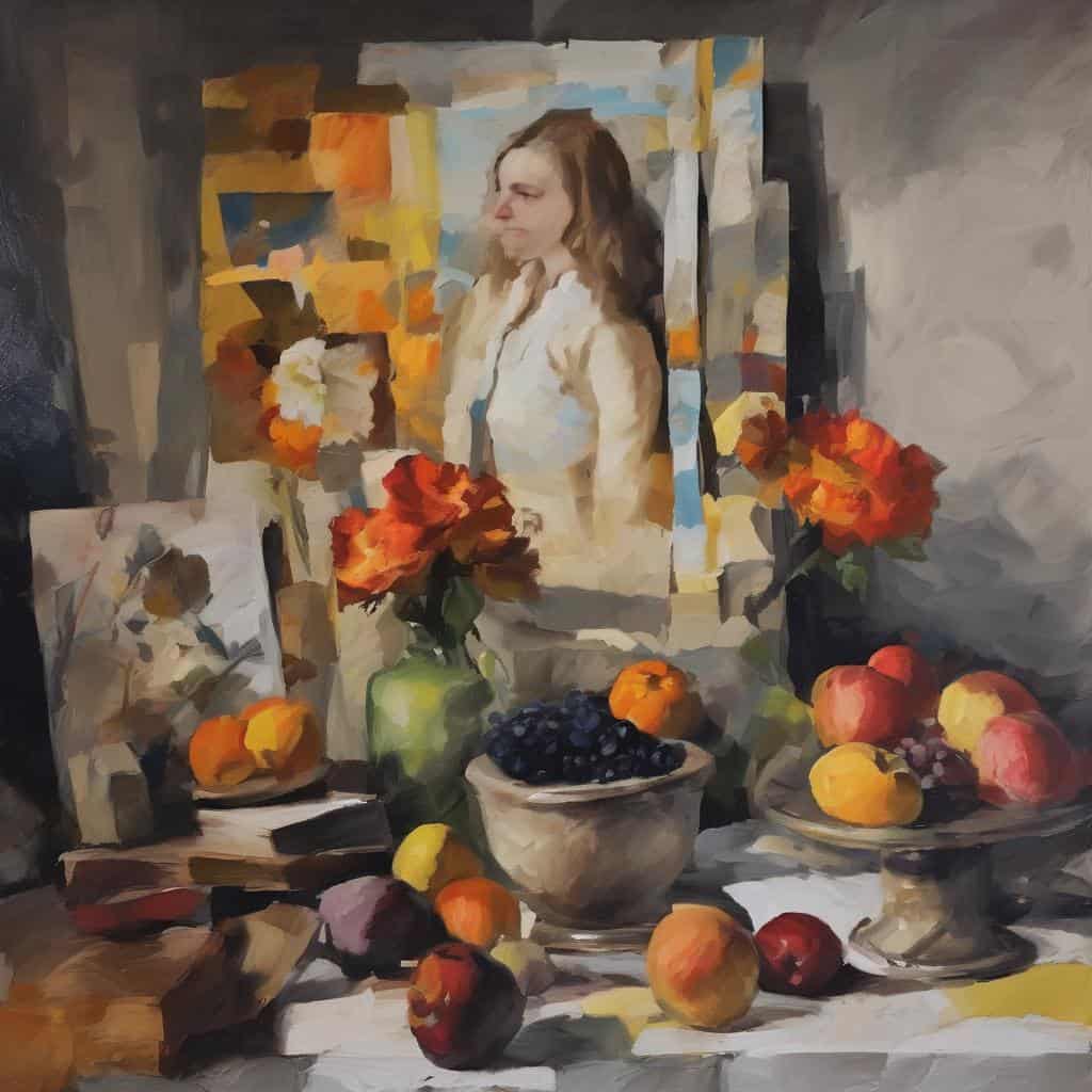 Χειροποίητη εικόνα με σύγχρονη τέχνη και καινοτομία στην τέχνη σήμερα, με φρούτα και λουλούδια σε φόντο.