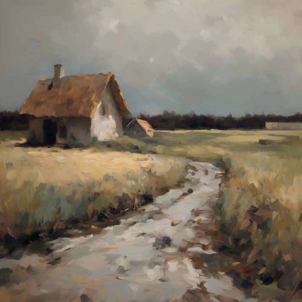 Παράξενο τοπίο με παραδοσιακό σπίτι σε αγροτική περιοχή, τέχνη και καινοτομία στη σύγχρονη τέχνη, ελαιογραφία τοπίου, ρεαλιστικό και ήρεμο.